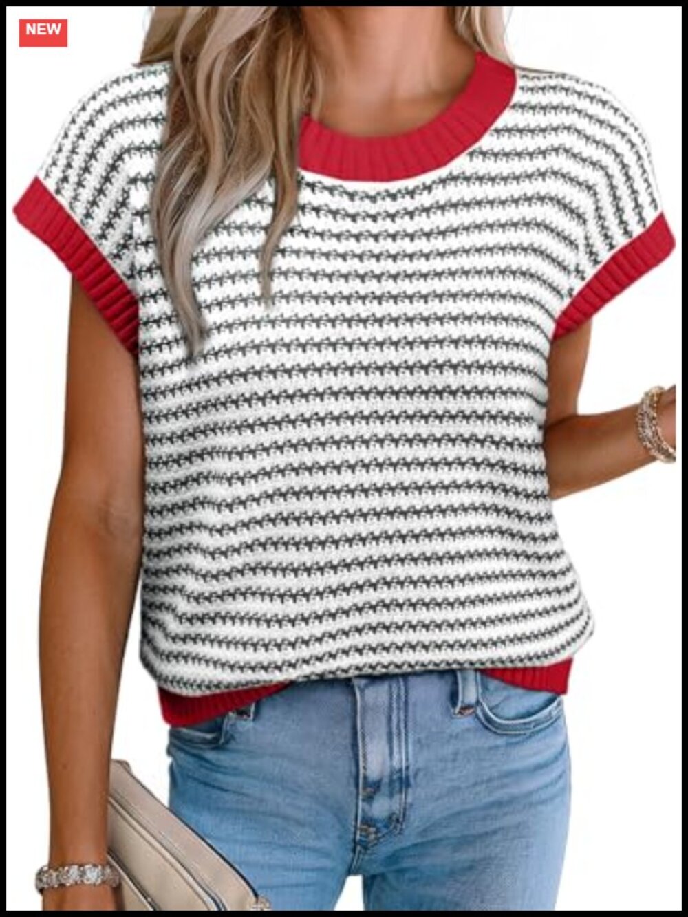 Striped Cap Sleeve Sweater Vest, Lightweight Knit Layering Top